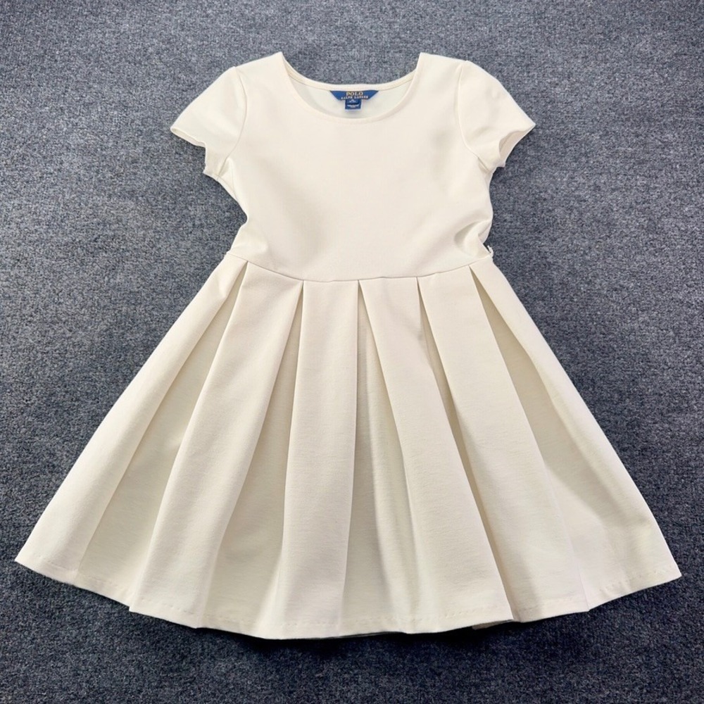 Polo Ralph Lauren Girls Cream Pleated Fit and Flare Dress Size M 8-10 *